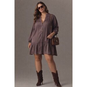 Plus Size Long Sleeve Button-Front Dress in Dusty Mauve